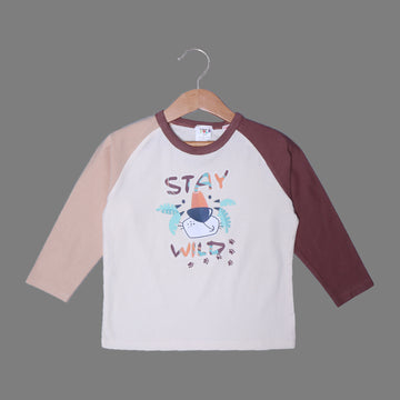 CREAM & BROWN "STAY WILD" PRINTED SLEEVES FULL SLEEVES T-SHIRT